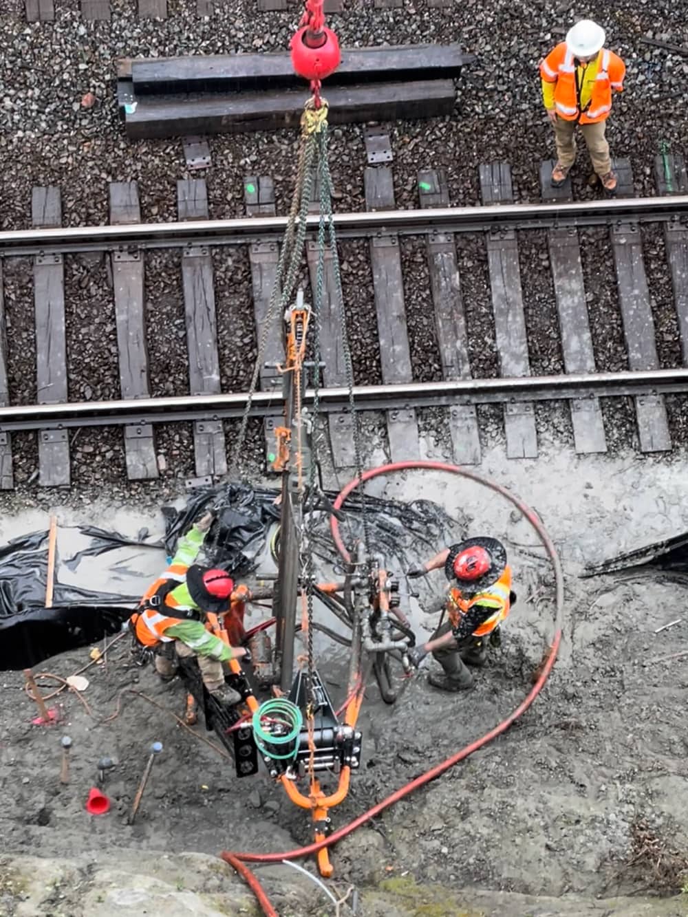 A photo of two men working near railroad tracks with a remote access drill